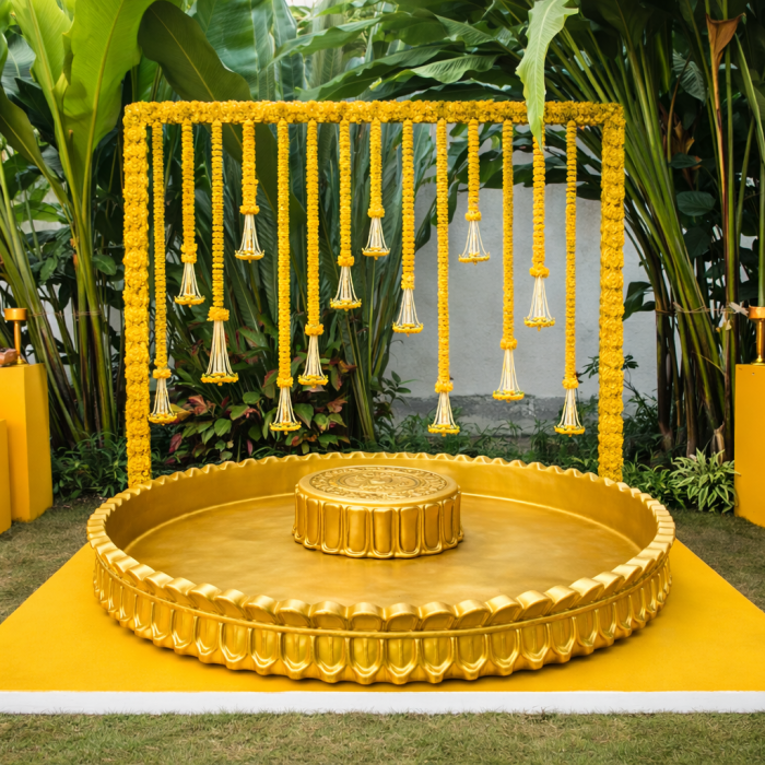 Extra-Large Gold Urli with Seat – 130 cm Diameter | Luxury Haldi & Mehndi Decor Hire