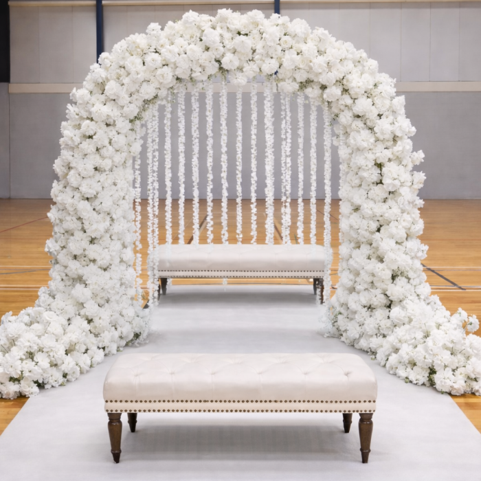 White Floral Nikah Arch with Double Ottoman Seating